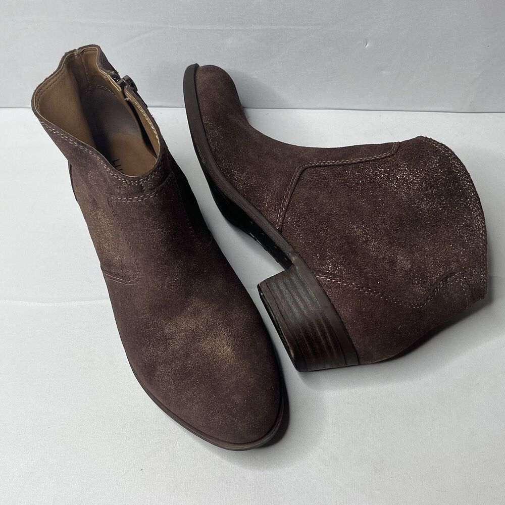 Lucky Brand Belia Brown Shimmer Metallic Suede Booties Women’s Size 8W PLS READ
